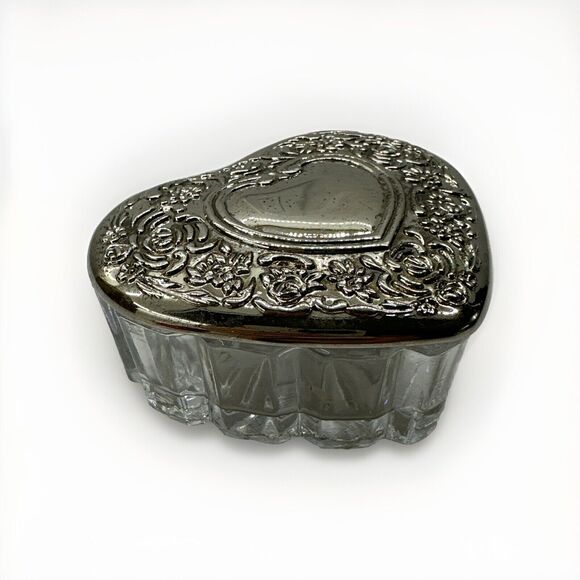 Vintage MCM Heart Shape Silver and Glass Trinket Jewelry Box Candy Dish 3.5 in - Picture 2 of 10